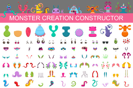 Monster creation constructor kit. Vector cartoon set of eyes, mouths, arms, noses, tails, horns and bodies to collect the characters of cute aliens and funny creatures.のイラスト素材