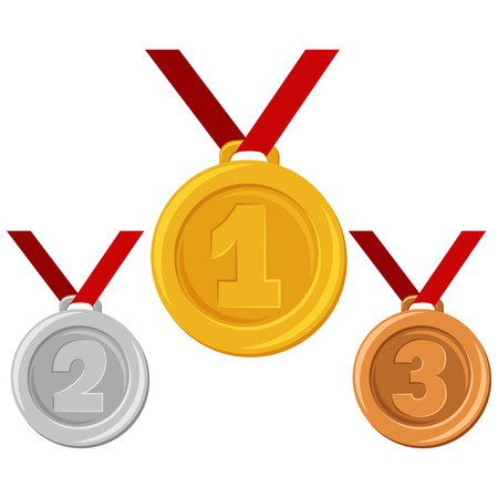 Gold, silver or bronze medal on red ribbon. Awards for winners in sports and other ?hampionships for first, second and third places. Vector flat cartoon illustration isolated on a white background.のイラスト素材