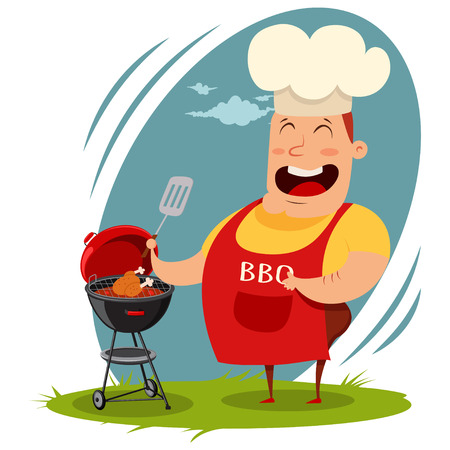 Man in a chef hat cooking a whole chicken on the barbecue. Vector cartoon illustration of a happy fat male with a culinary spatula prepares a grill meal on the bbq.のイラスト素材