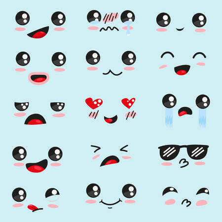 Cute kawaii face, emotion. Cartoon vector emoji icons isolated on background.のイラスト素材