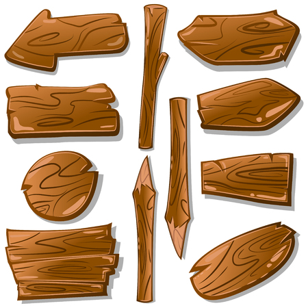 Cartoon wooden signs and pointers vector set. Wood plank elements for design isolated on white background.のイラスト素材