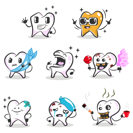 Cute tooth cartoon vector character. Medical illustration for dental. Oral hygiene icons.のイラスト素材