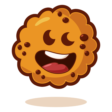 Cartoon cookies with chocolate chips. Cute biscuit character. Vector illustration isolated on white background. Kawaii face emotions.のイラスト素材