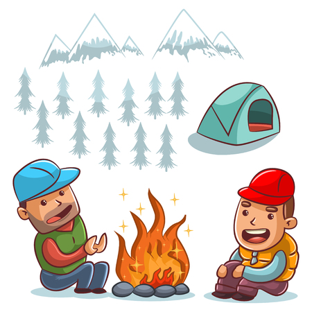 Two men are sitting by the campfire. Hiking in the mountains and camping. Tourism outdoors. Vector cartoon illustration isolated on white background.のイラスト素材