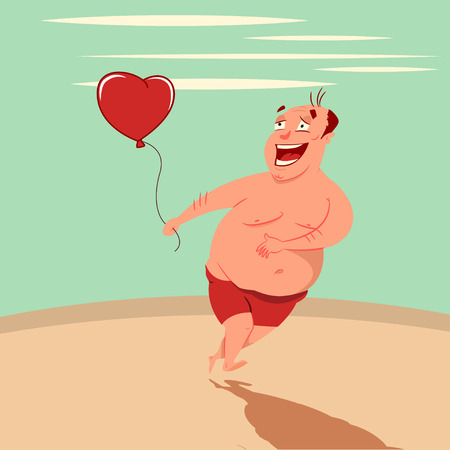 Happy fat man running along the beach with a red balloon in the shape of a heart. Vector cartoon summer illustration of a male in love.のイラスト素材