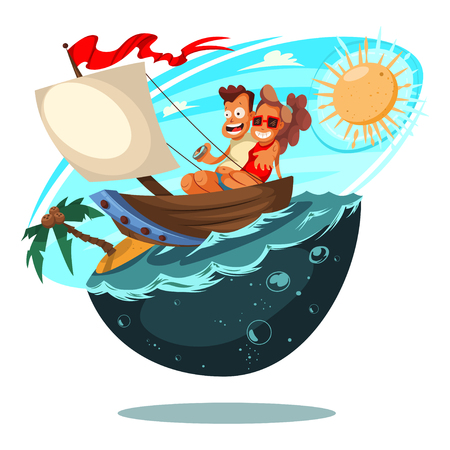 Boat with a man and a woman in the sea near the beach with a palm tree. Summer illustration of a couple resting on the water. Vector cartoon character of people.のイラスト素材