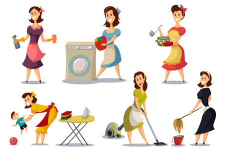 Housewives in a vintage retro style 50's vector set. Cartoon illustration of a mother with a vacuum cleaner, ironing, washing, cooking, playing with a baby. Woman character does housework.のイラスト素材