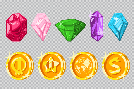 Gems and gold coins. Vector cartoon set of game icons isolated on a transparent background.のイラスト素材