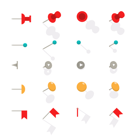 Push pin for map. Vector flat icon set of office thumbtacks isolated on a white background.のイラスト素材