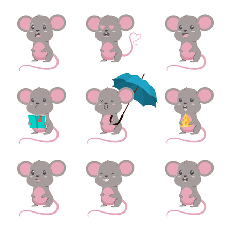 Cute cartoon mouse vector set. Character illustration of mice with different emotions isolated on a white background.のイラスト素材