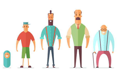 Life cycle of man: baby, teenager, young, adult and elderly person. Vector cartoon flat characters of people different ages isolated on white background.のイラスト素材