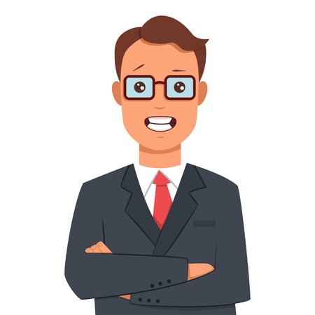 Businessman with arms crossed in a business suit. Vector cartoon flat character isolated on white background.のイラスト素材