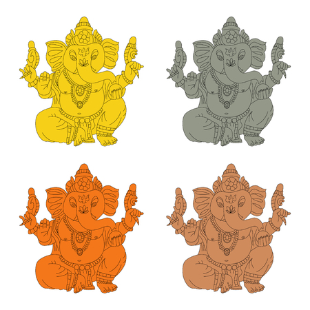 Lord Ganesha vector cartoon set of gold, stone, bronze and wooden idol. Flat icons Hindu god isolated on white background.のイラスト素材