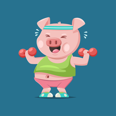 Cute Pig cartoon character doing exercises with dumbbells. Fitness and healthy lifestyle. Vector illustration of fat funny animal isolated on background.のイラスト素材