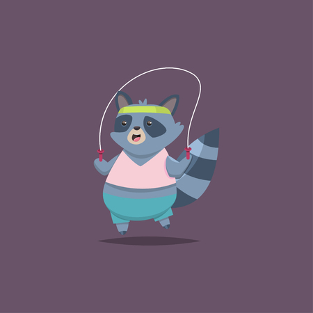 Cute Raccoon cartoon character makes the jump rope exercises. Fitness and healthy lifestyle. Vector illustration of fat funny animal isolated on background.のイラスト素材