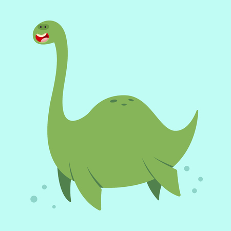 Cute cartoon loch ness monster. Vector illustration of a nessie character isolated on a blue background.のイラスト素材