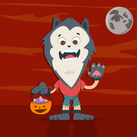 Halloween kids costume of werewolf with a basket of candy in the shape of a pumpkin on a red background. Vector cute cartoon flat character for holiday and partying. Template design for the poster.のイラスト素材