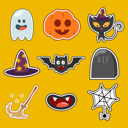 Halloween cute flat icons set: ghost, pumpkin, bat, witch hat and broom, cobweb with spider, black cat, tombstone and vampire's mouth.のイラスト素材