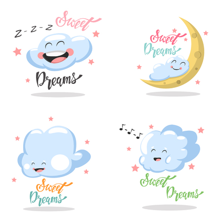 Sweet Dreams hand drawn lettering with cute cartoon clouds with kawaii emotions. Vector set isolated on white background.のイラスト素材