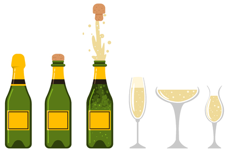 Champagne bottle is closed, open, an explosion of cork and glasses of different shapes. Vector flat icons set of party and holiday designs isolated on white background.のイラスト素材