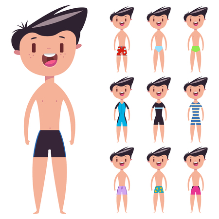 Swimsuits for boys and men. Vector cartoon flat set of male summer swimming trunks and shorts isolated on a white background.のイラスト素材
