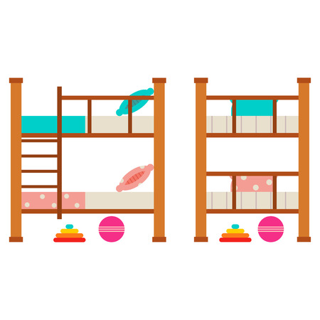 Bunk bed with trundle for kids vector flat set isolated on a white background.のイラスト素材