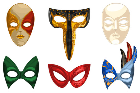Venetian carnival mask vector set. Illustration of a face guise for masquerade or party isolated on white background.のイラスト素材
