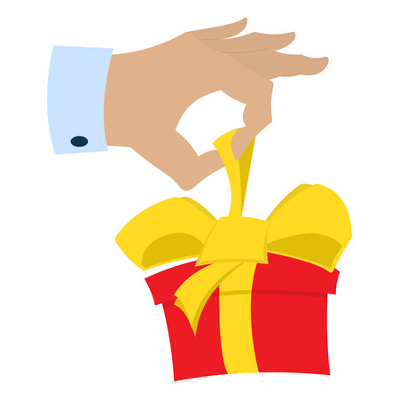 Hand gift giving red box with bow. Vector illustration isolated on a white background. Flat icon.のイラスト素材