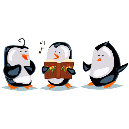 Caroling illustration with cartoon penguins. Vector Christmas illustration with cute animals isolated on a white background.のイラスト素材