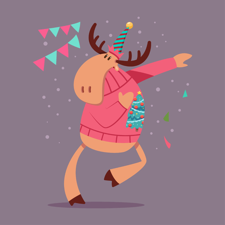 Cute Reindeer dancing in an Ugly Christmas Sweater. Vector cartoon funny deer character isolated on background.のイラスト素材