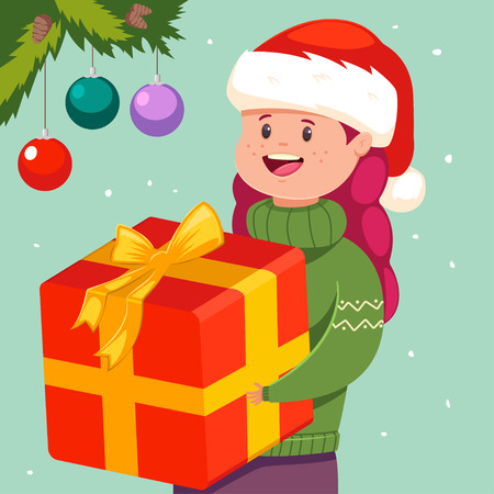 Cute girl with Christmas gift in Santa hat. Vector holiday illustration with happy kid character.のイラスト素材