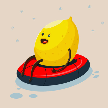 Cute Lemon cartoon character sledding on snow tube. Illustration of winter sport and eating healthy. Vector flat funny fruit icon with emotion isolated on background.のイラスト素材