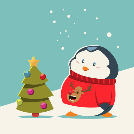 Funny baby penguin in a knitted sweater with a deer head stands near Christmas tree. Vector cartoon animal character. Winter illustration.のイラスト素材