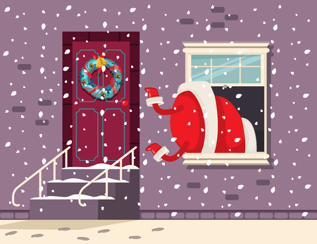 Santa Claus climbs the window. Vector cartoon Christmas illustration.のイラスト素材