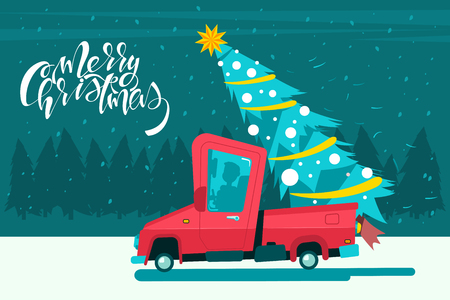 Red car with Christmas tree. Greating card with handwritten text. Vector cartoon winter landscape with snow illustration.のイラスト素材