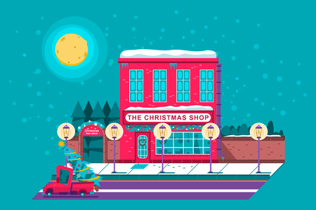 The Christmas shop and farm tree store. Vector cartoon holiday illustration with decorated building and red car on winter landscape.のイラスト素材