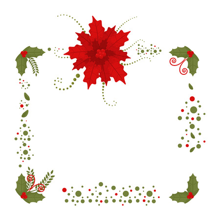 Christmas border with poinsettia and holly berry leaves. Holiday decoration element with flowers isolated on a white background.のイラスト素材