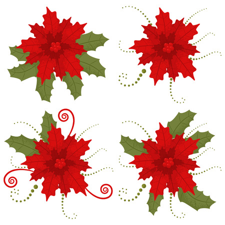 Poinsettia Christmas flower. Vector cartoon set of holiday decorative elements isolated on a white background.のイラスト素材