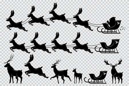 Santa Claus sleigh with reindeer. Christmas deer black silhouette vector set isolated on transparent background.のイラスト素材