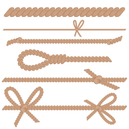 Rope, cord, string with knots, bows and loop vector cartoon set isolated on a white background.のイラスト素材