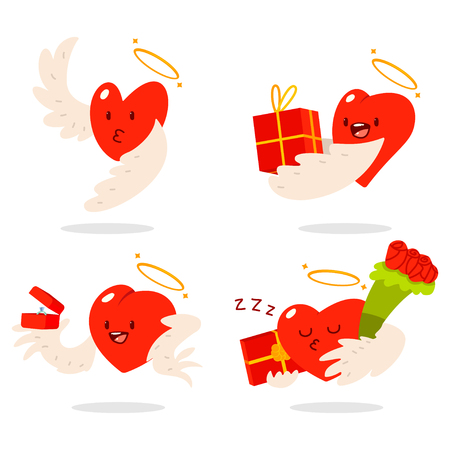 Cute hearts characters with angel wings and halos in different actions: with gift box, flower bouquet and wedding ring. Valentine day vector cartoon concept illustration.のイラスト素材