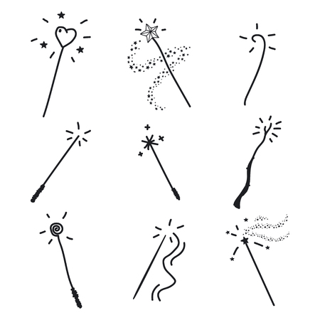 Magic wand doodle set. Vector hand drawn icon collection isolated on a white background.のイラスト素材