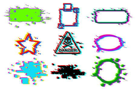 Glitch different design element, triangle, star, sign with skull, speech bubble, circle, border, frame. Vector set isolated on a white background.のイラスト素材