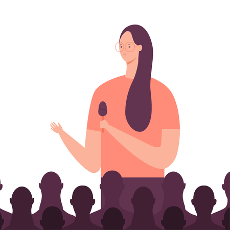 Girl speaker gives a speech to the audience at a business meeting. Vector concept illustration of trainings and presentations.のイラスト素材