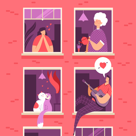 Happy Valentine's Day vector concept cartoon illustration with a loving couple of people and pets and with neighbors in the windows.のイラスト素材