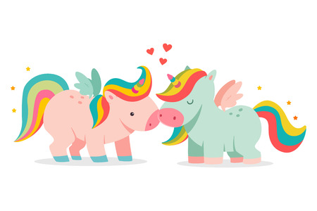 Unicorns couple with angel wings and hearts. Valentine Day vector cartoon cute animal character isolated on white background.のイラスト素材