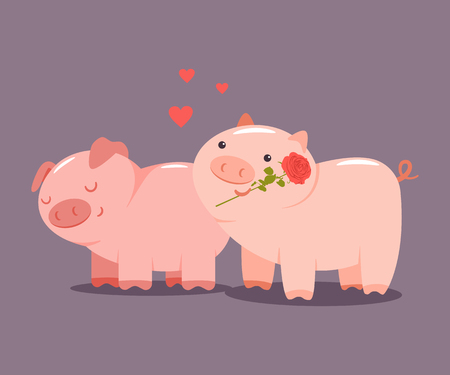 Pigs couple with a rose and hearts. Valentine Day vector cartoon cute animal character isolated on background.のイラスト素材