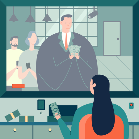 Cashier and businessman with money. Payout in the bank office vector cartoon concept illustration.のイラスト素材