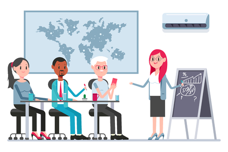 Teamwork concept illustration with coworkers and woman boss in boardroom. Vector cartoon business persons character isolated on a white background.のイラスト素材