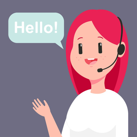 Girl consultant in customer service. Vector cartoon illustration of woman call center operator in headset and speech bubble isolated on background.のイラスト素材